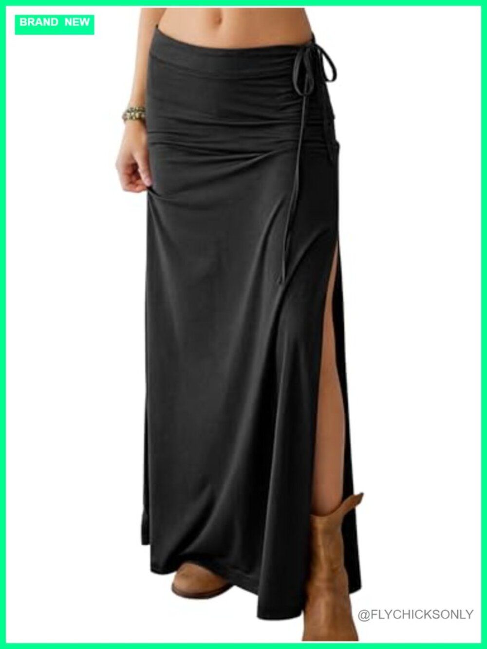 High Waisted Side Slit Maxi Skirt Flared Drawstring Boho Beach Vacation